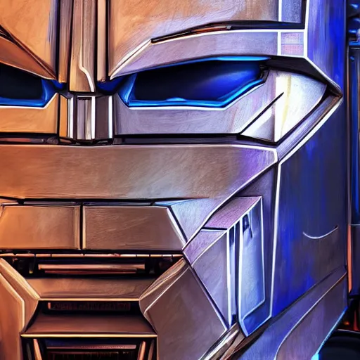 Image similar to Optimus Prime face, chromatic material, translucent, high details, 8k, sharp, realistic