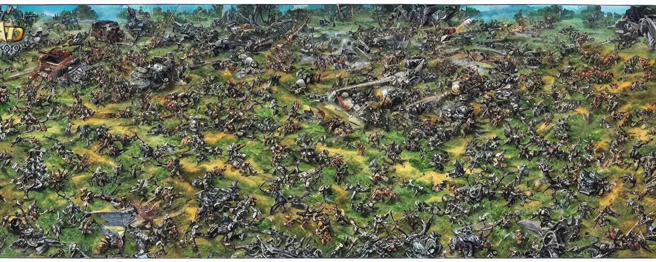 Image similar to childen's art of a battle field, detailed