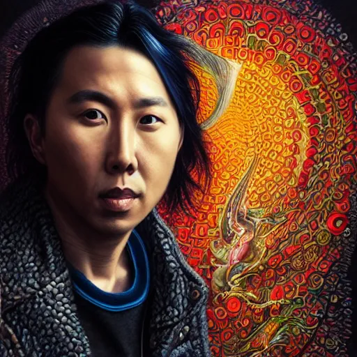 Image similar to portrait of donnie yen, hyper detailed masterpiece, neon floral pattern, jean giraud, digital art painting, darkwave goth aesthetic, psychedelic, artgerm, donato giancola and tom bagshaw