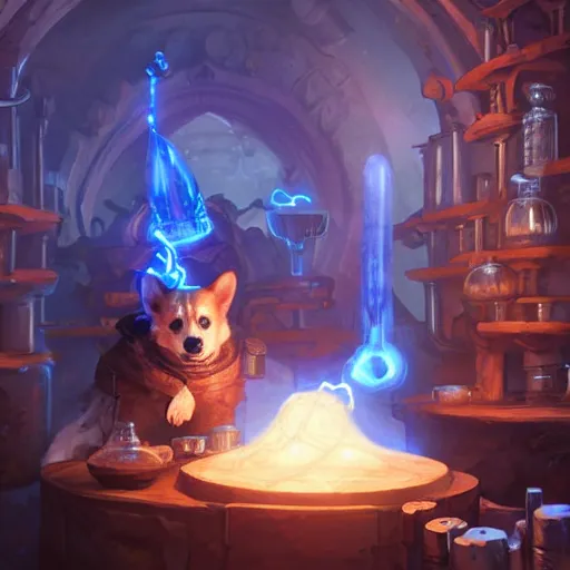 Prompt: corgi alchemist holding a glowing blue potion, in a laboratory full of strange arcane trinkets, walls covered in arcane runes, d & d character art, fantasy, highly detailed digital illustration, intricate, magical, glowing, greg rutkowski, trending on artstation