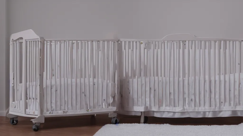 Prompt: rollei sample photo of a c baby crib and a mobile toy