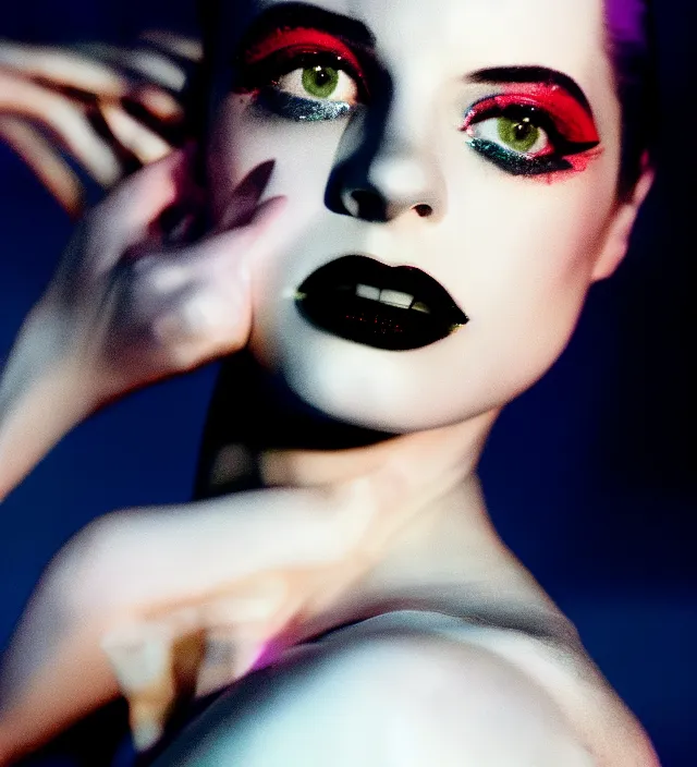 Image similar to la la land unseen film scene of gaz station by night starring seductive actress doing tango dancing, with stylish colorfull makeup and fluid cloth. intriguing soft back lighting, highly detailed, skin grain detail, photography by paolo roversi, nick knight