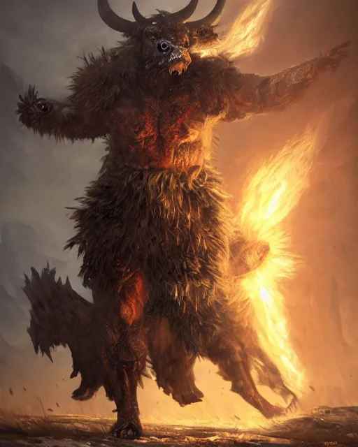 Prompt: oil painting of Angry Anthropomorphized Cow Berserker, wearing fur armor, claws, sharp focus, attack pose, fantasy style, octane render, volumetric lighting, 8k high definition, by greg rutkowski, highly detailed, trending on art Station, magic the gathering artwork, burning Battlefield background, centered