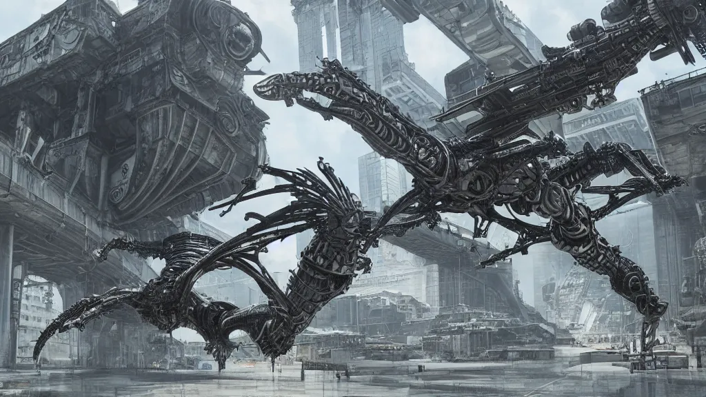 Image similar to organic mechanical metal osprey aircraft, giger influenced with ornate intricate details, landed on futuristic brutalist concrete heliport, ornate buildings with white and blue flowers, with cyborg female soldiers wearing stealth transparent clothing, daytime, wet floor on streets, matte painting, unreal engine, cinematic camera, mirrors edge,