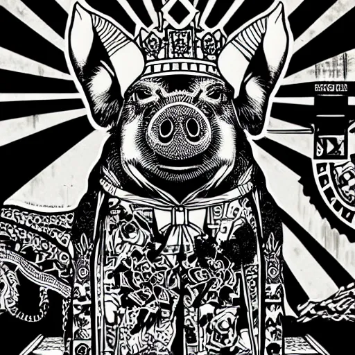 Image similar to Portrait of pig as a king by Shepard Fairey, black and white, full body, zoomed out, line art, illustration, ink, technical drawing