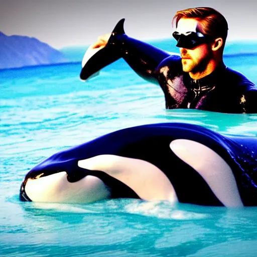 Image similar to ryan gosling in swimming trunks and cyberpunk style goggles rides a killer whale in a vulcano