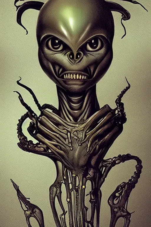 Image similar to beautiful genderless cosmic - eyed alien that is a little ominous creepy due to a few features resembling a xenomorph by hr giger.