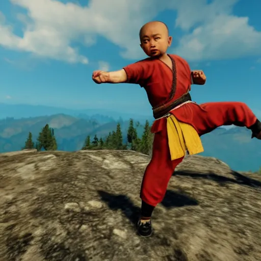 Image similar to Baby shaolin monk practicing kung fu on a mountain top, RDR 2 mod