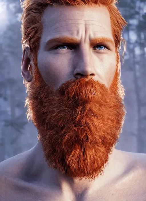 Image similar to beauteous handsome rugged sumptuous man wrapped in dna molecule, incredible ginger hair, projected ray traced oled retinal overlays, crystalline masterpiece incrustations, hyperdetailed face, elegant pose, movie still, intricate, octane render, cinematic forest lighting, cgsociety, unreal engine, crepuscular rays, god rays