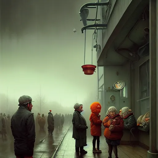 Prompt: waiting in line for cold soup by simon stalenhag and gil elvgren and tom bagshaw, highly detailed, hyperrealism, dreary, cold, cloudy, grey