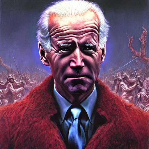 Image similar to epic Joe Biden in pandemonium, demons and souls, portrait, art by Wayne Barlowe, oil on canvas