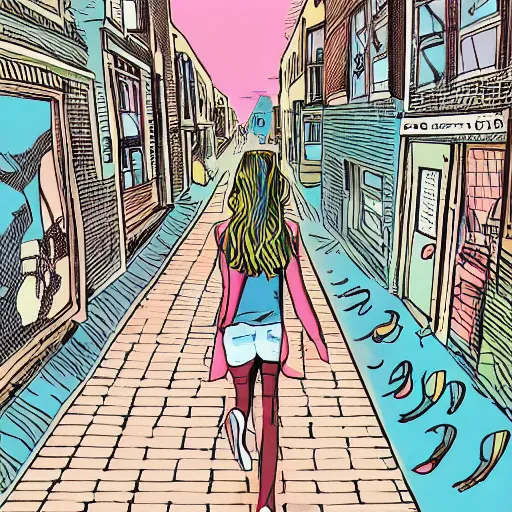 Prompt: young slender girl with headphones in densely packed city street from behind, psychedelic 70s comic book artstyle