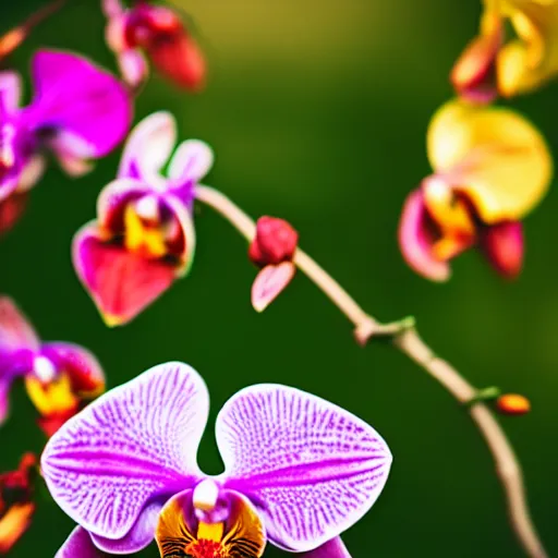 Image similar to Colorful orchid flower blossoming, climax, overwhelming, brilliant, cinematic, epic, 8k, sharp focus, color grain 35mm, tilt-shift, dslr