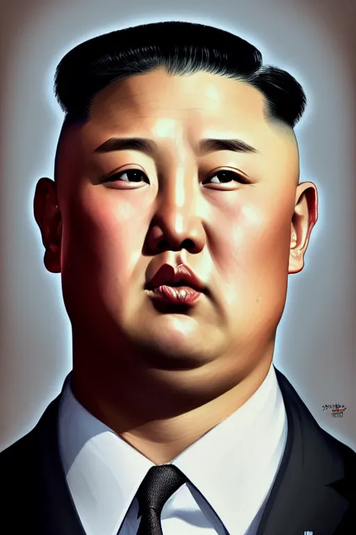 Image similar to vladimir putin with kim jong un hairstyle, realistic portrait, symmetrical, highly detailed, digital painting, artstation, concept art, smooth, sharp focus, illustration, cinematic lighting, art by artgerm and greg rutkowski and alphonse mucha