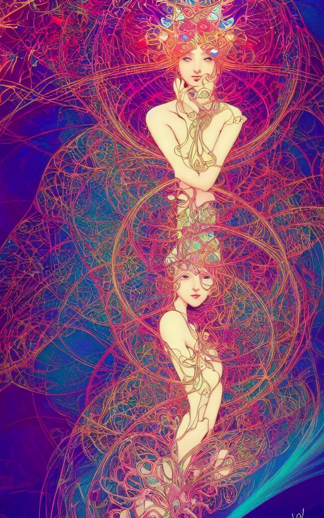 Prompt: wave, particle, synth, frequencies, pattern, oscillation. wave-particle duality. colorful, vibrant. fractal gems, fractal crystals, stunning, cinematic, amazing details, by ross tran and by james jean, mucha. artstation