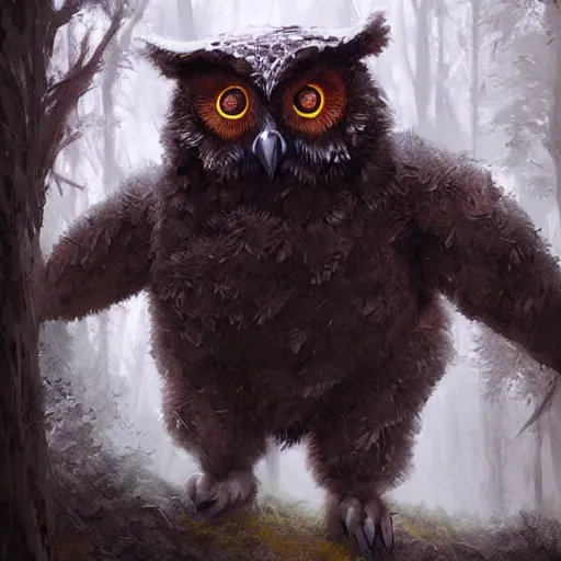 Image similar to three quarter portrait of an owlbear in the forest, d & d, fantasy, greg rutkowski