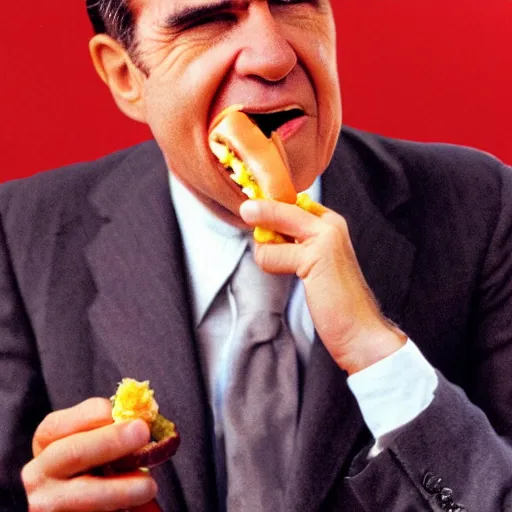 Image similar to Richard Nixon eating a hotdog, hyper realistic, HD, HQ, photo realistic