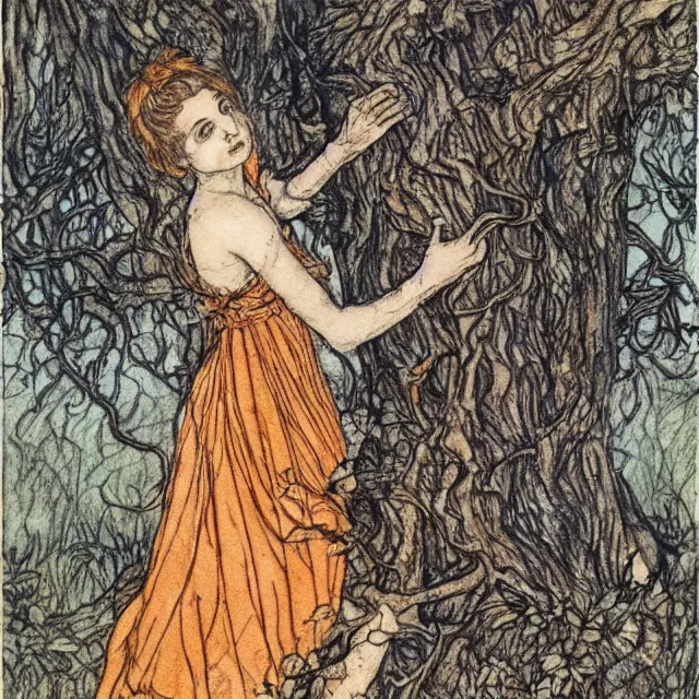 Image similar to a detailed, intricate watercolor and ink portrait illustration with fine lines, of a young alicia vikander in a dress climbing a gnarled tree in a pumpkin patch, by arthur rackham and edmund dulac