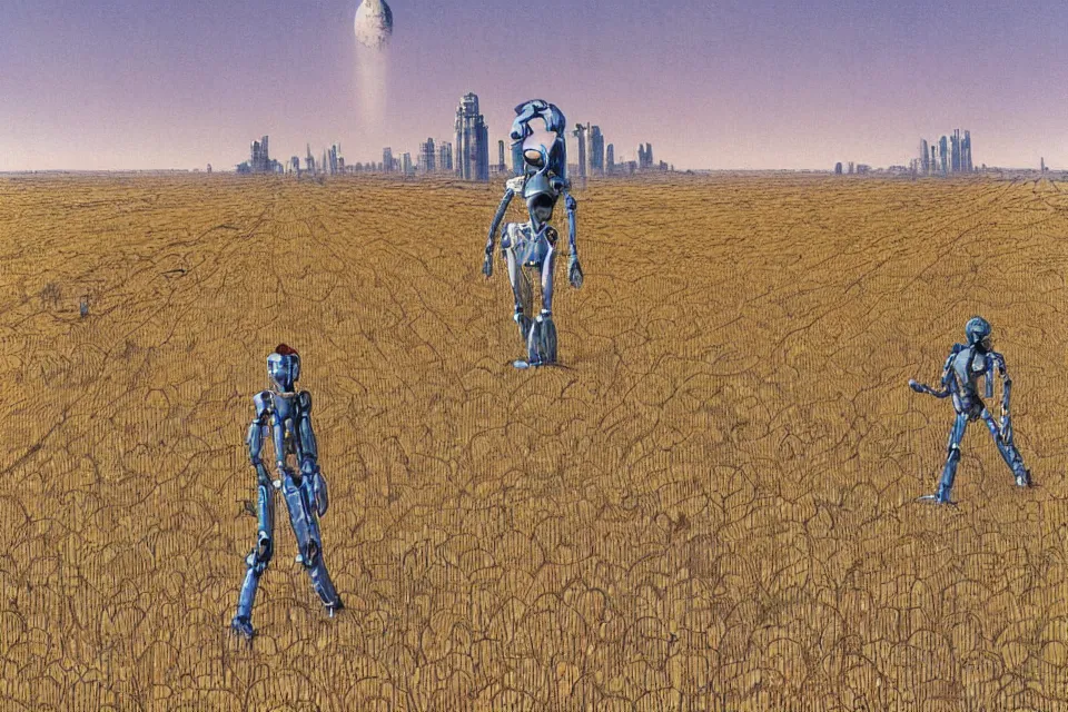 Prompt: sci-fi painting of a large alien city on the vast wheat fields, the closed back view of only one humanoid robot on the ground, by Moebius, godrays, detailed