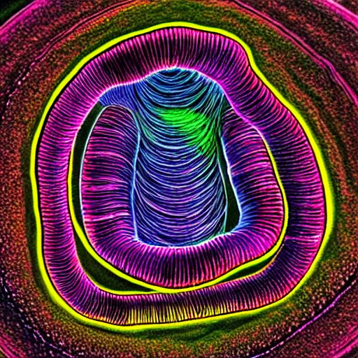 Image similar to nematodes, microscopy, microscope, Alex Grey, science, scientific, journal, vintage, colorful