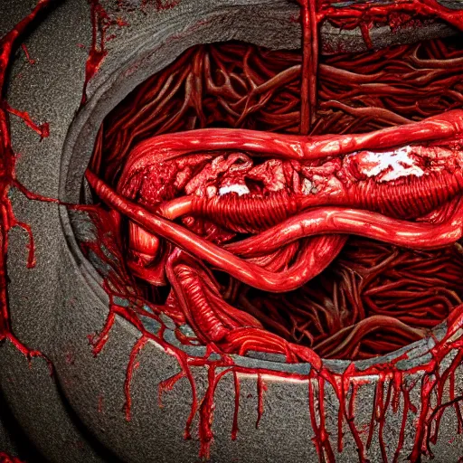 Prompt: a dark red gory structure of intertwined decaying muscles, eyes, sharp teeth, and intestines lying in a pool of clotting blood, slowly engulfing its surroundings with twitching veins and bloody intestines, dark hazy room, a high-quality photo, hyperrealistic, in color