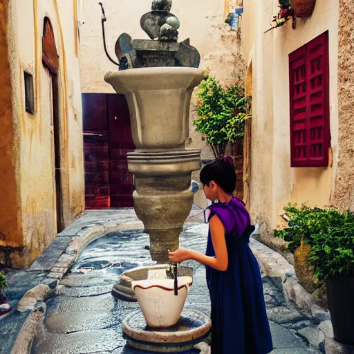 Prompt: anime girl in a greek attire pouring water out of a gourd into a fountain, spanish alleyway