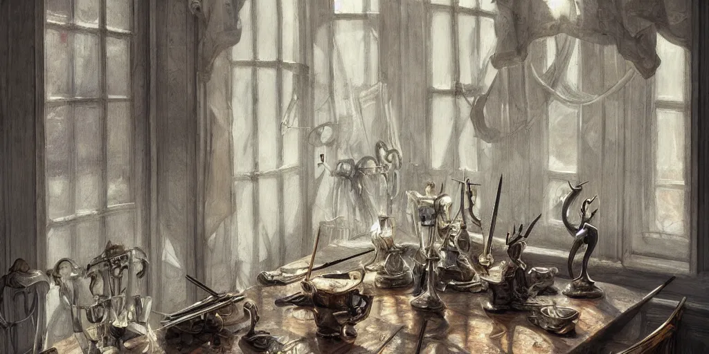 Prompt: a beautiful detailed painting, rapiers on a table, morning light through a window, didier graffet, artstation