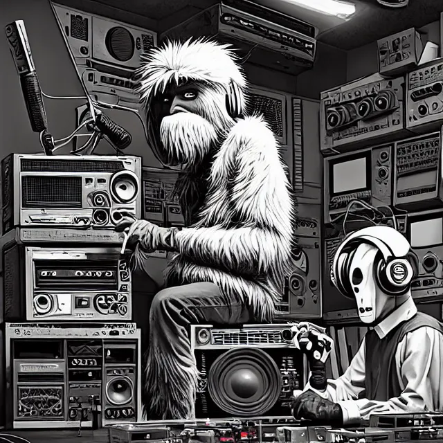 Image similar to a portrait of an anthropomorphic cyberpunk yeti podcasting in his secret electronics lab, detailed render, tape deck, studio microphone, boombox, headphones, epic composition, cybernetics, 4 k realistic, cryengine, realistic shaded lighting, sharp focus, masterpiece, by matteo scalera, gary montalbano, peter elson in the style of the tokyo ghost comic