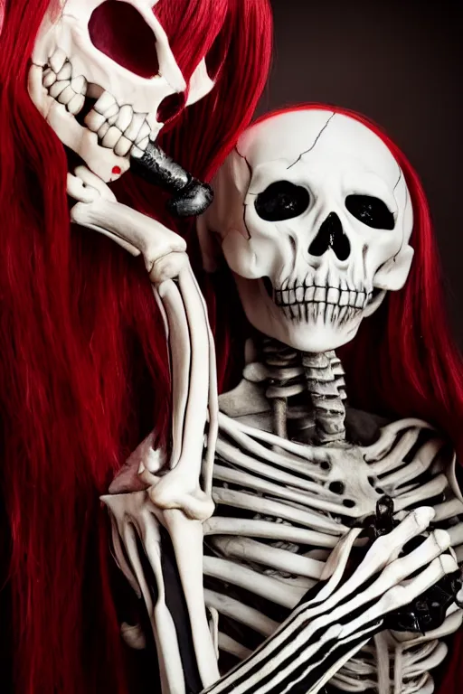 Prompt: beautiful lady skeleton drinking from a blood filled goblet, cosplay, studio lighting