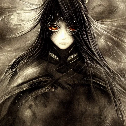 Image similar to Yoshitaka Amano blurred and dreamy illustration of an anime girl with the pirate eye patch hiding one eye, wavy white hair and cracks on her face wearing Elden ring armour with the cape fluttering in the wind, abstract black and white patterns on the background, noisy film grain effect, highly detailed, Renaissance oil painting, weird portrait angle