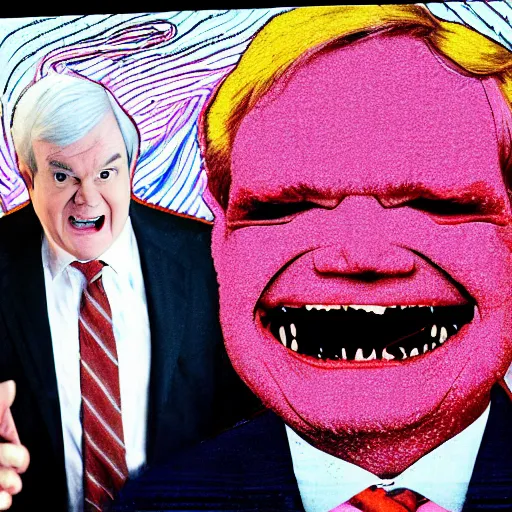 Image similar to newt gingrich in a suit and tie with a creepy face, a screenprint by warhol, reddit contest winner, antipodeans, hellish, anaglyph filter, hellish background