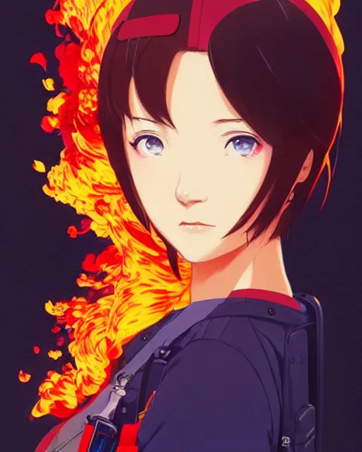 Image similar to beautiful female fireman, covered in flames | | very very anime!!!, fine - face, audrey plaza, realistic shaded perfect face, fine details. anime. realistic shaded lighting poster by ilya kuvshinov katsuhiro otomo ghost - in - the - shell, magali villeneuve, artgerm, jeremy lipkin and michael garmash and rob rey