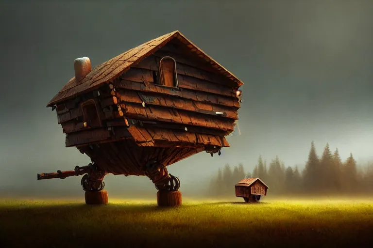 Image similar to a walking wood house with two mechanical legs, rust, hyperrealistic, highly detailed, cinematic, single ray of sun, fog, beautiful, cgssociety, artstation, 8 k, oil painting