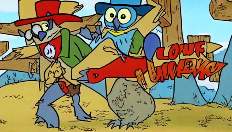 Image similar to 1990s cartoon show screenshot from the animated show an Owl dressed up as the lone ranger in the wild west