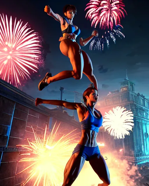 Image similar to gigachad jill valentine bodybuilder jumping in front of a fireworks show fighting in racoon city, fantasy character portrait, ultra realistic, anime key visual, full body concept art, intricate details, highly detailed by greg rutkowski, ilya kuvshinov, gaston bussiere, craig mullins, simon bisley