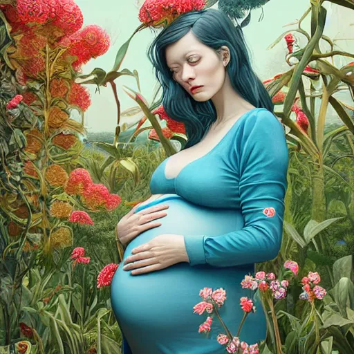 Image similar to pretty pregnant model with botanical : : by martine johanna and simon stalenhag and chie yoshii and casey weldon and wlop : : ornate, dynamic, particulate, rich colors, intricate, elegant, highly detailed, vogue, harper's bazaar art, fashion magazine, smooth, sharp focus, 8 k, octane render