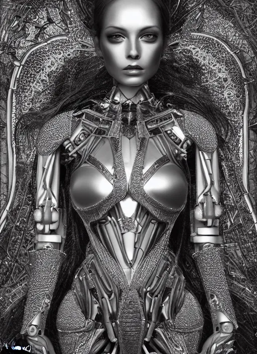 Image similar to portrait of beautiful female robot super model, perfect symmetrical pose, sharp, by irakli nadar with intricate detailed wearing silver victorian dress designed by alexander mcqueen and rocky gathercole, haunting, elite, elegant, ruan jia, dark, hyper detailed, concept art, intricate, detailed