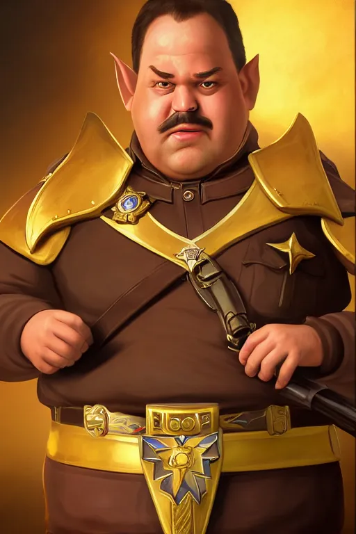 Image similar to high elf mall cop with a sheriff's badge that is fat, shifty, and incompetent, RPG portrait from the chest up, Oil Painting, dynamic lighting, Highly Detailed, Cinematic Lighting, 8k, HD