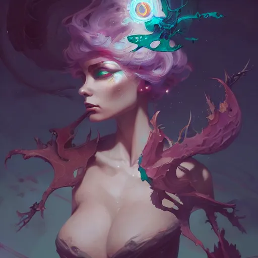 Prompt: a nubile sorceress of plagues, art by pete mohrbacher and guweiz and ilya kuvshinov, digital art, highly detailed, intricate, sci - fi, sharp focus, trending on artstation hq, deviantart, unreal engine 5, 4 k uhd image