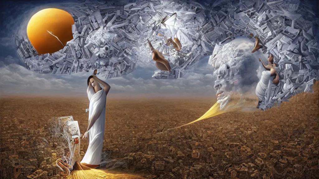 Image similar to birth of a psion surrealist art in the styles of igor morski, jim warren, and rob gonsalves, intricate, hyperrealistic, volumetric lighting