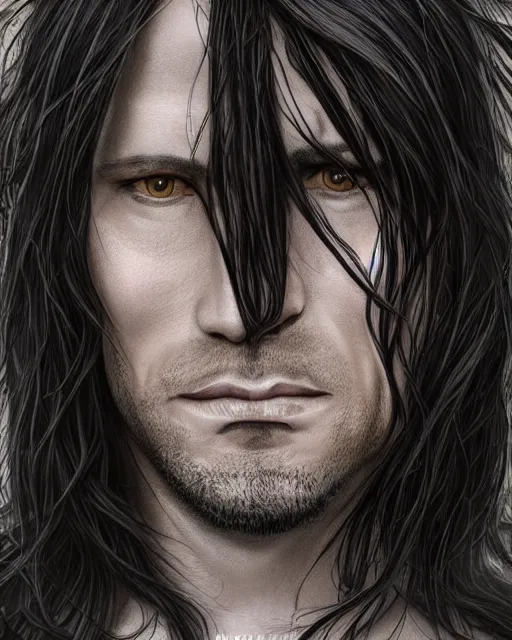Prompt: portrait of tall, 3 3 - year - old handsome man with long black hair, and grey eyes, wearing black clothes, hyper realistic face, beautiful eyes, character art, art by mark brooks, hyperdetailed, cryengine, trending on artstation, digital art