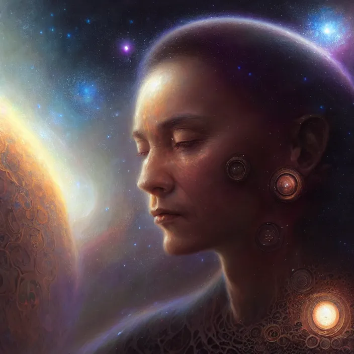 Image similar to closeup portrait shot of a meditation in a galaxy in a scenic dystopian environment, intricate, elegant, highly detailed, centered, digital painting, artstation, concept art, smooth, sharp focus, illustration, artgerm, tomasz alen kopera, peter mohrbacher, donato giancola, joseph christian leyendecker, wlop, boris vallejo