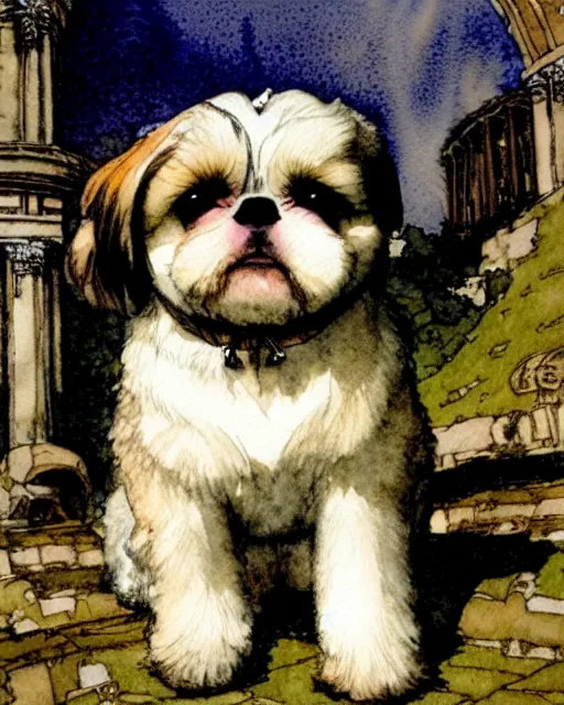 Image similar to a realistic and atmospheric watercolour fantasy character concept art portrait of a fat adorable chibi shih tzu puppy roman centurion in a roman temple, by rebecca guay, michael kaluta, charles vess and jean moebius giraud