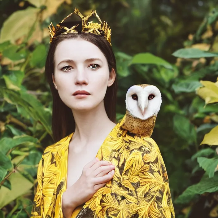 Image similar to portrait photograph of an extremely beautiful!!!! young female , symmetric face!, symmetric round detailed eyes!!, slight smile, natural light, wearing a yellow kimono!! with a very detailed barn owl! on her shoulder in a tropical greenhouse. looking at the camera!!. golden crown made of golden leaves. super resolution. Extremely detailed. Graflex camera!, bokeh!!!!! trending on artstation.