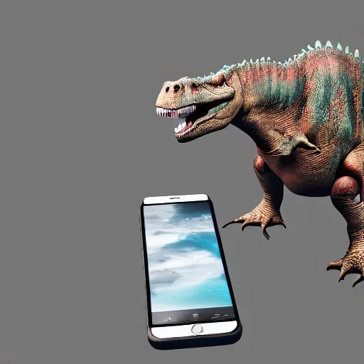 Image similar to photography, 3 d render, cellphone, dinosaur, water