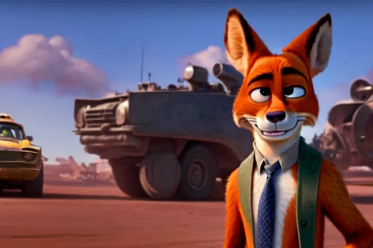 Image similar to nick wilde ( from zootopia ), heavily armed and armored facing down armageddon in a dark and gritty reboot from the makers of mad max : fury road