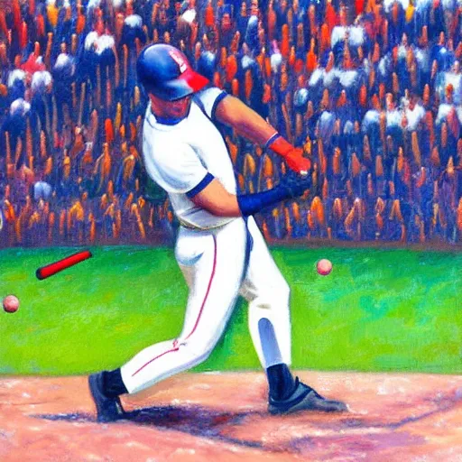 Image similar to baseball player hitting the ball with the baseball bat in the middle of the game and in front of everyone in the stadium, james gurney painting style