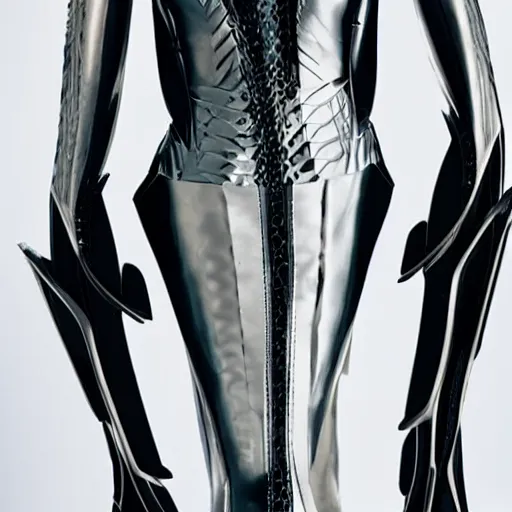 Prompt: Battle armor designed by Zaha Hadid, fashion photography