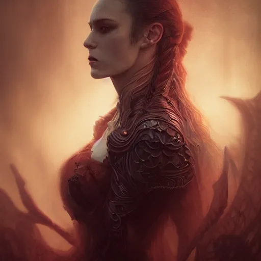 Image similar to Majestic and regal portrait of a female vampire, intricate, epic, elegant, menacing, fantasy, highly detailed, digital painting, hard focus, beautiful volumetric lighting, epic light, ultra detailed, by Leesha Hannigan, Ross Tran, Thierry Doizon, Kai Carpenter, Ignacio Fernández Ríos