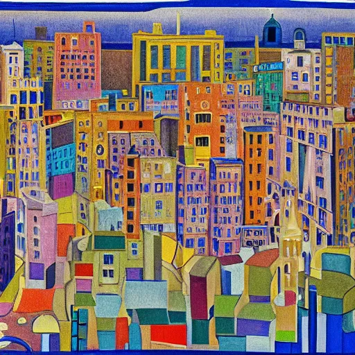 Image similar to by dora carrington defined. photograph. a cityscape. the different colors & shapes represent different parts of the city.